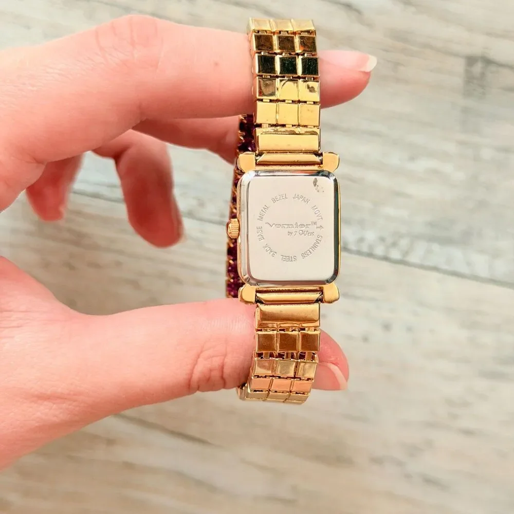 Vintage Vernier Purple Rhinestone Gold Bracelet Watch Y2K Glam Crystal Jewelry